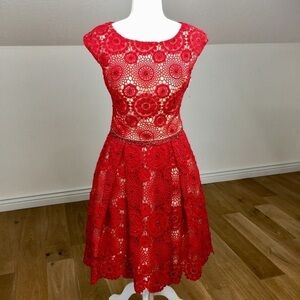 Jovani Fit & Flare Lace Rhinestone Midi Dress Cocktail Formal Open Back Size 2